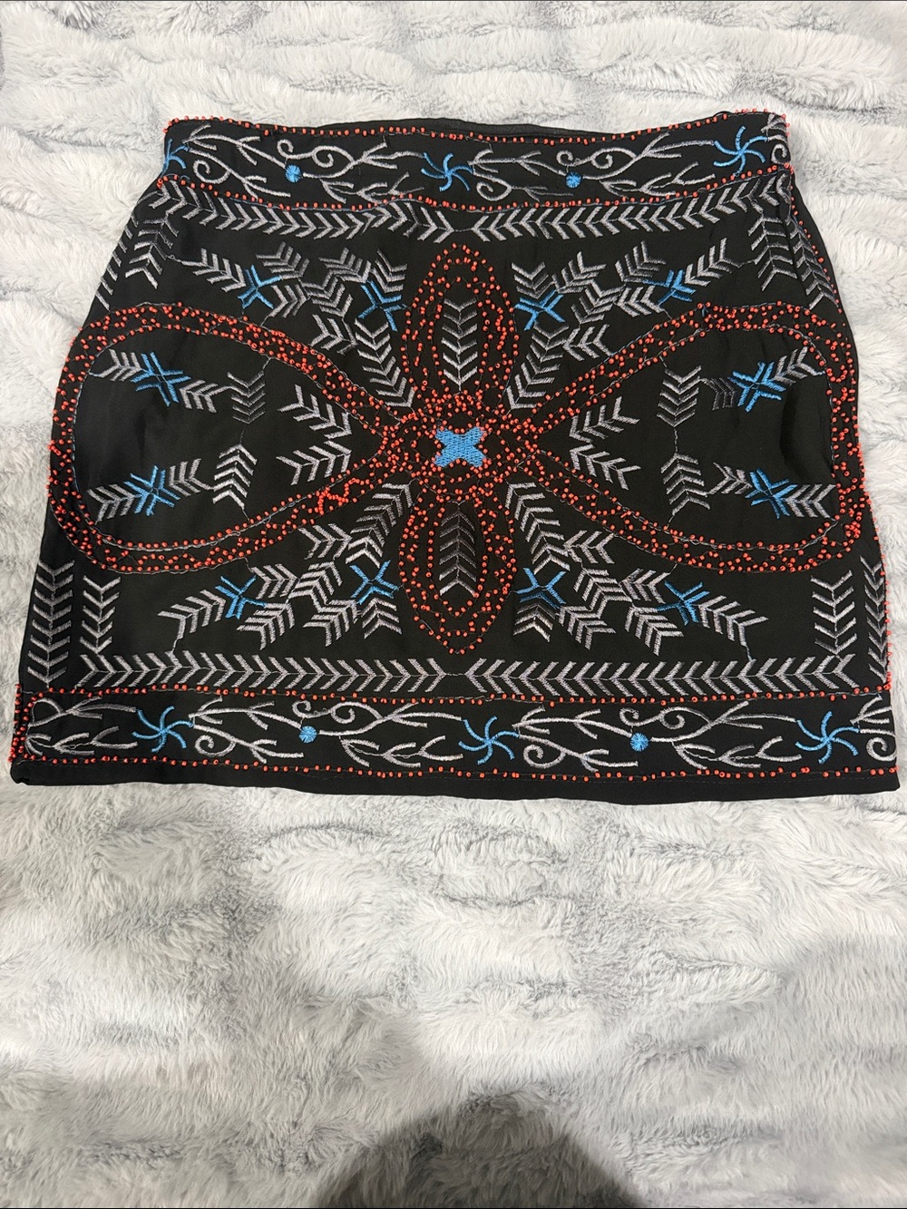 Lulu's Black Mini Skirt with Red and Blue Embroidery
